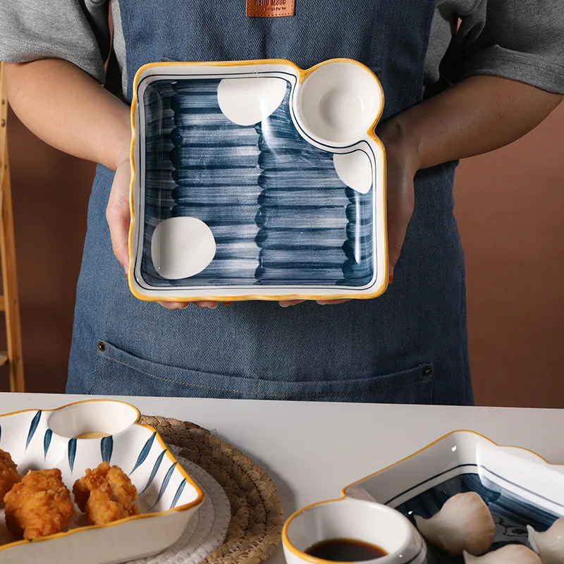 Japanese Ceramic Gyoza Plate With Dipping Saucer Dishes Cute Dumpling Dish French Fries Ketchup In One Snack Tableware