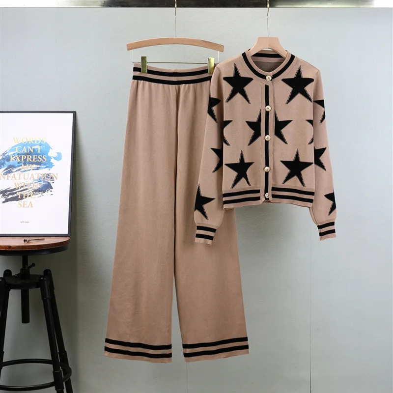 

Fashion Jacquard Round Neck Knitted Cardigan Causal Set New Women's Autumn Korean Style Wide Leg Pants Sports Two-piece Set B569