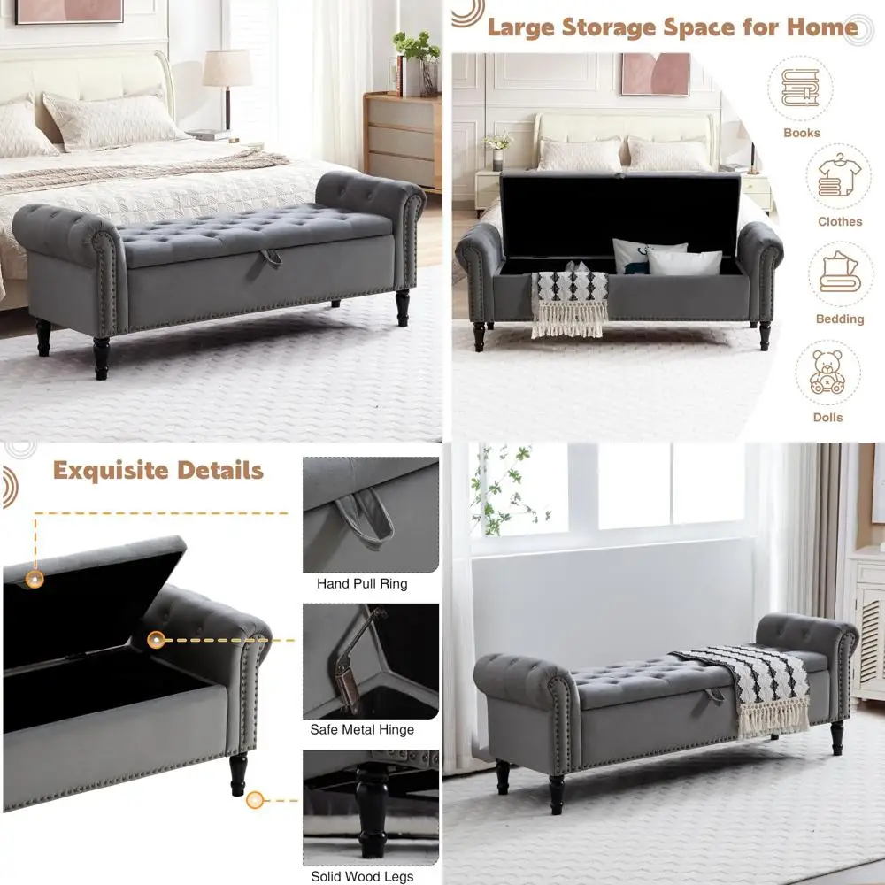 مقعد تخزين منجد بحجم كينج بأذرع، مسند معنقدة لنهاية غرفة النوم، أثاث غرفة نوم كبيرة مع مساحة تخزين