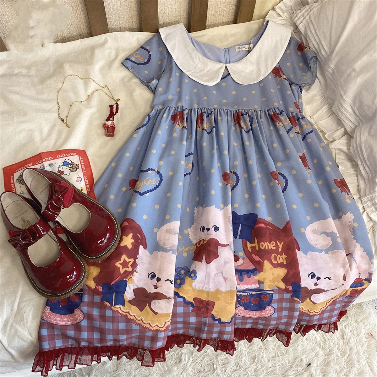 Robe Lolita Cosplay de Style japonais pour filles, jolie robe Jsk Kawaii à volants avec col de poupée imprimé gâteau chat à pois