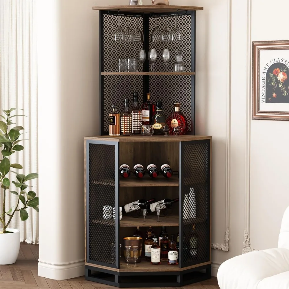 Corner Bar Cabinet for Liquor, Corner Bar Cabinet with Adjustble Shelf Storage, Industrial 5 Tier Liquor Cabinet Bar