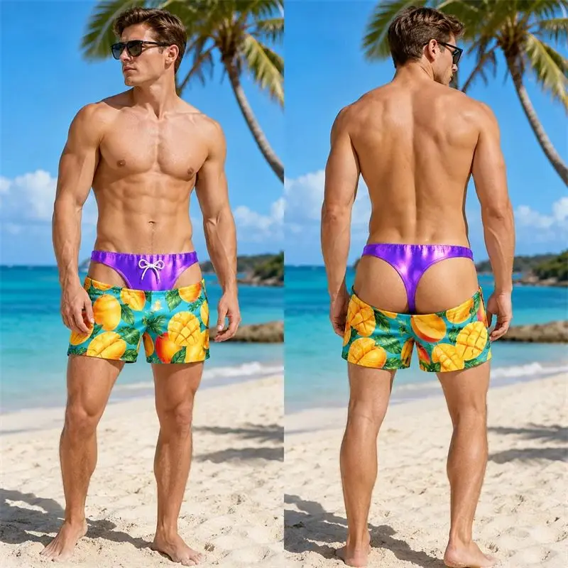 New Trendy Men's Swimwear Featuring Fruit Theme. 3D Printed Fake Buttocks with Patterns. Beach Shorts for Parties.