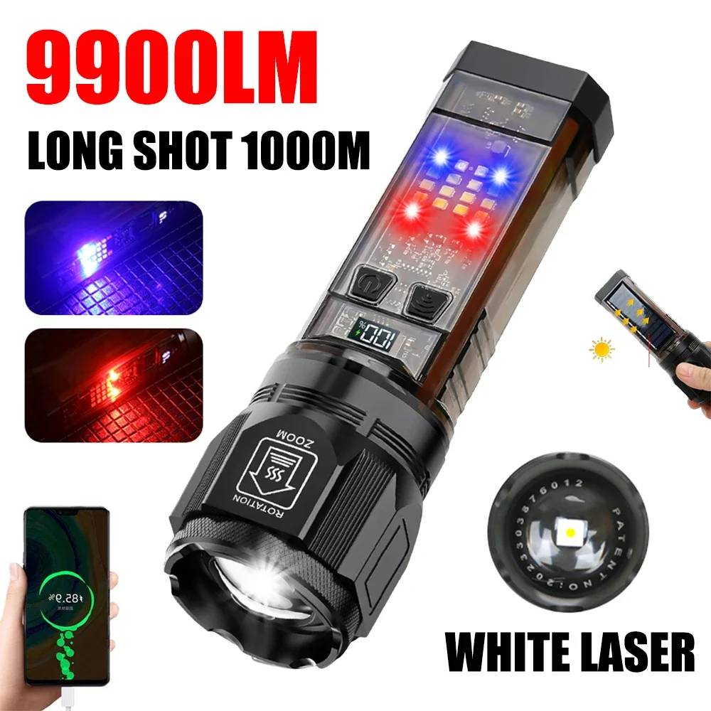 Powerful White Laser LED Flashlight Long Range 1000M Zoom Torch Lamp Solar Powered/USB Charging Outdoor Warning Flashing Light