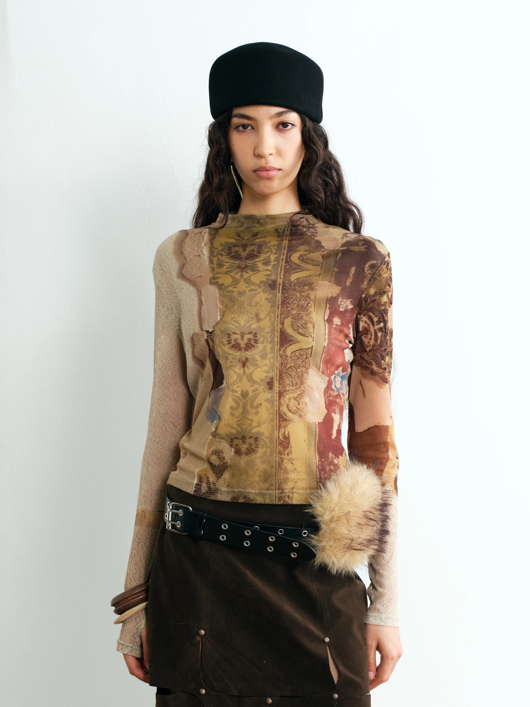 

Spot Amber Print Me Base Layer Original Small High Collar Inner Wear Top Nylon Long Sve Printed Floral Retro Sle Women...