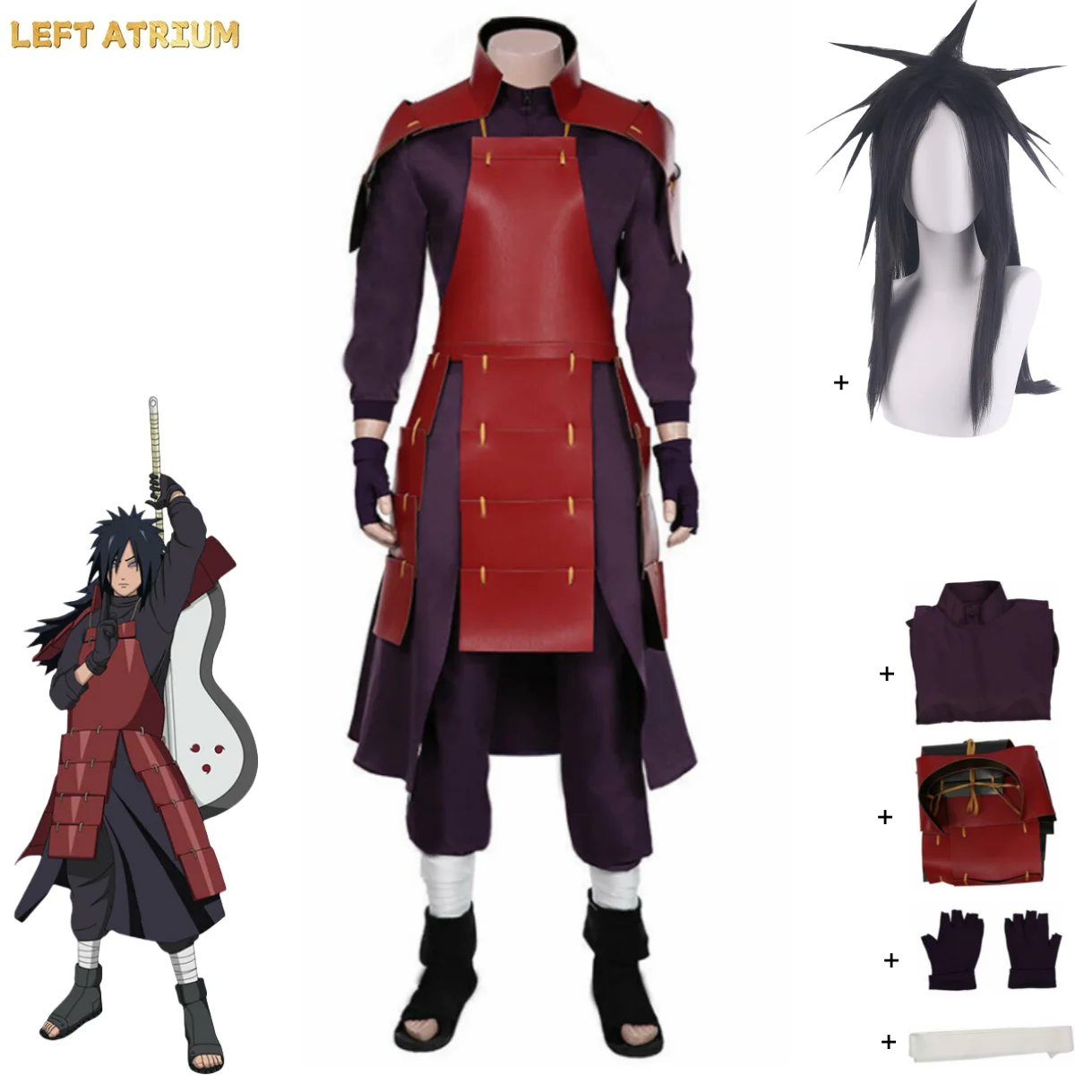

Anime Uchiha Madara Cosplay Costume Red PU Vest Coat Armor Robe Pants Combat Uniform Wig Adult Man Carnival Christmas Suit