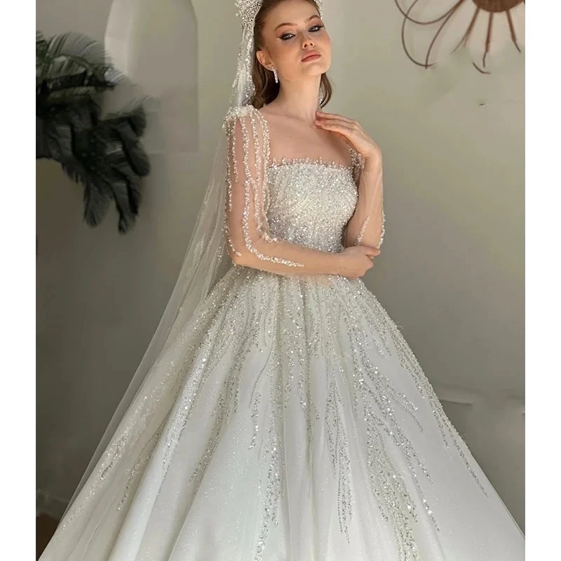 豪華なスクエアカラーフルスリーブウェディングドレス刺繍ビーズボールガウン花嫁ドレスカスタマイズされたvestidoデノビア