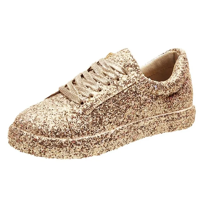 Spring and autumn big size new flat casual glitter lace-up low top sports shoes women shoes zapatos de mujer sneakers