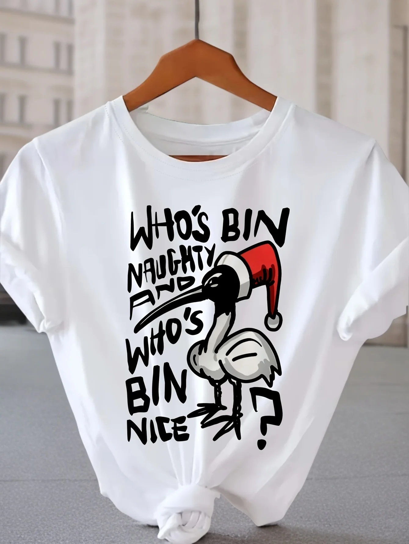

Women'S Funny Who'S Bin Naughty Christmas T-Shirt White Polyester Knit Fabric Short Sleeve Crew Neck Casual Top Regular Length