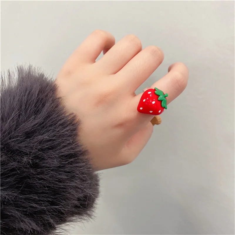 Korean Fashion Cute Bear Strawberry Resin Ring For Women Girls Sweet Personality Trend Party Daily All-match Jewelry