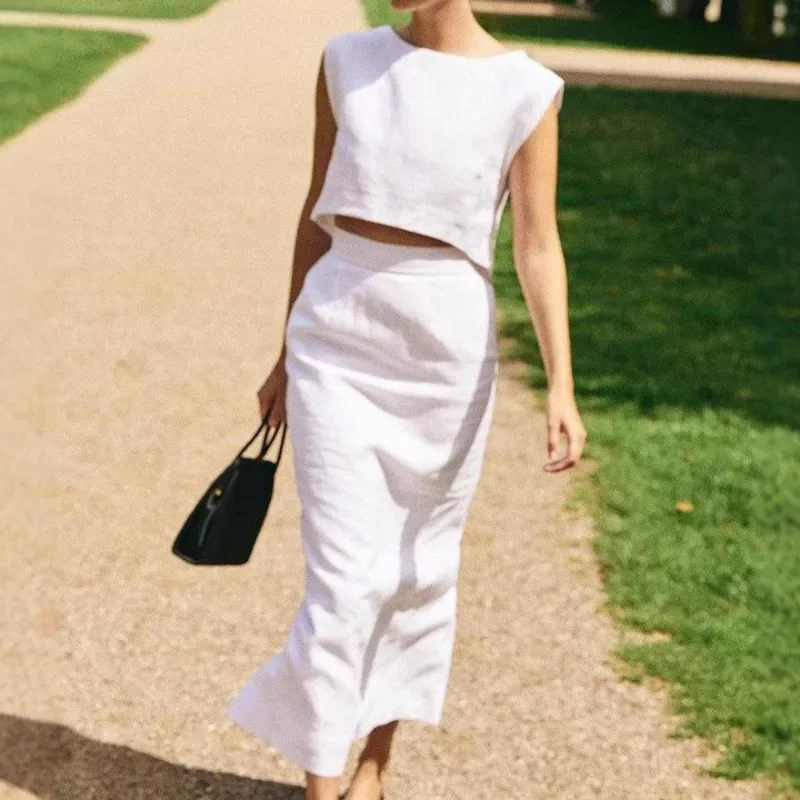 

European and American Spring Summer New Skirt Set INS Casual Suit Women Dress Sets Cross-border Cotton and Linen Vest Skirt Set