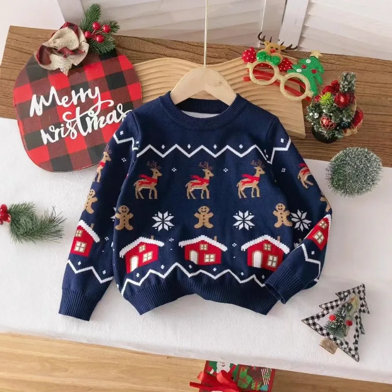 New Autumn Winter Boys Girls Christmas Costume Cartoon Printed Reindeer Knitted Pullover Sweater Festival Theme Party Outfit