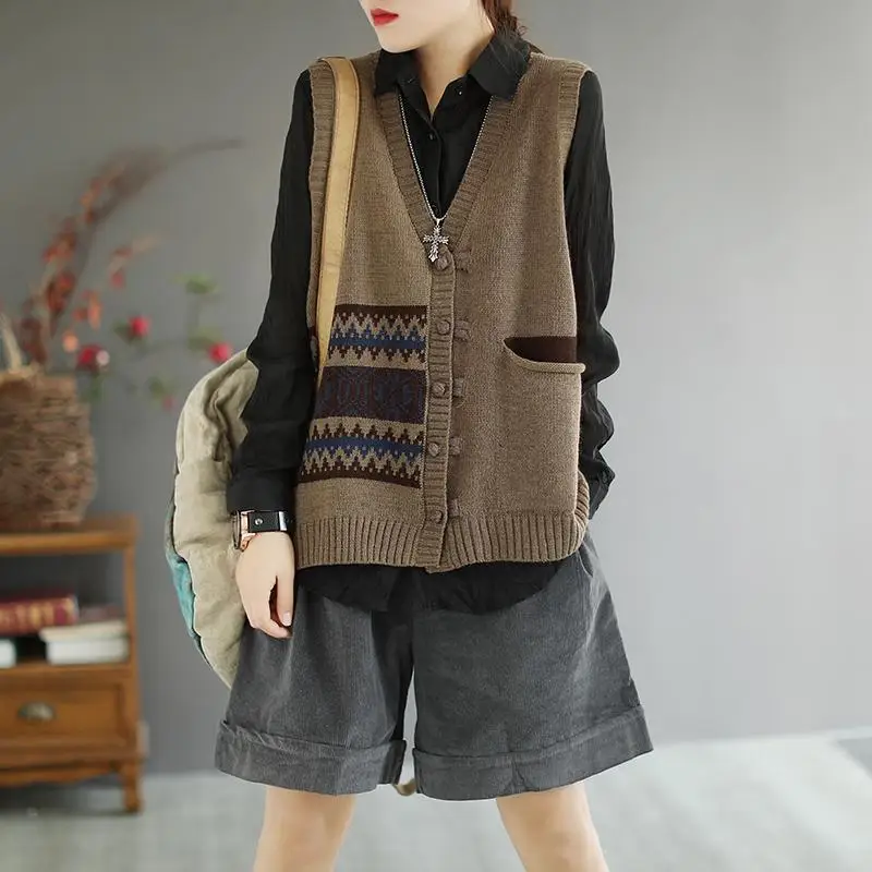 Fashion V-Neck Spliced Button Pockets Casual Vest Sweaters Women\'s Clothing 2023 Autumn Winter Oversized Knitted Commuter Tops