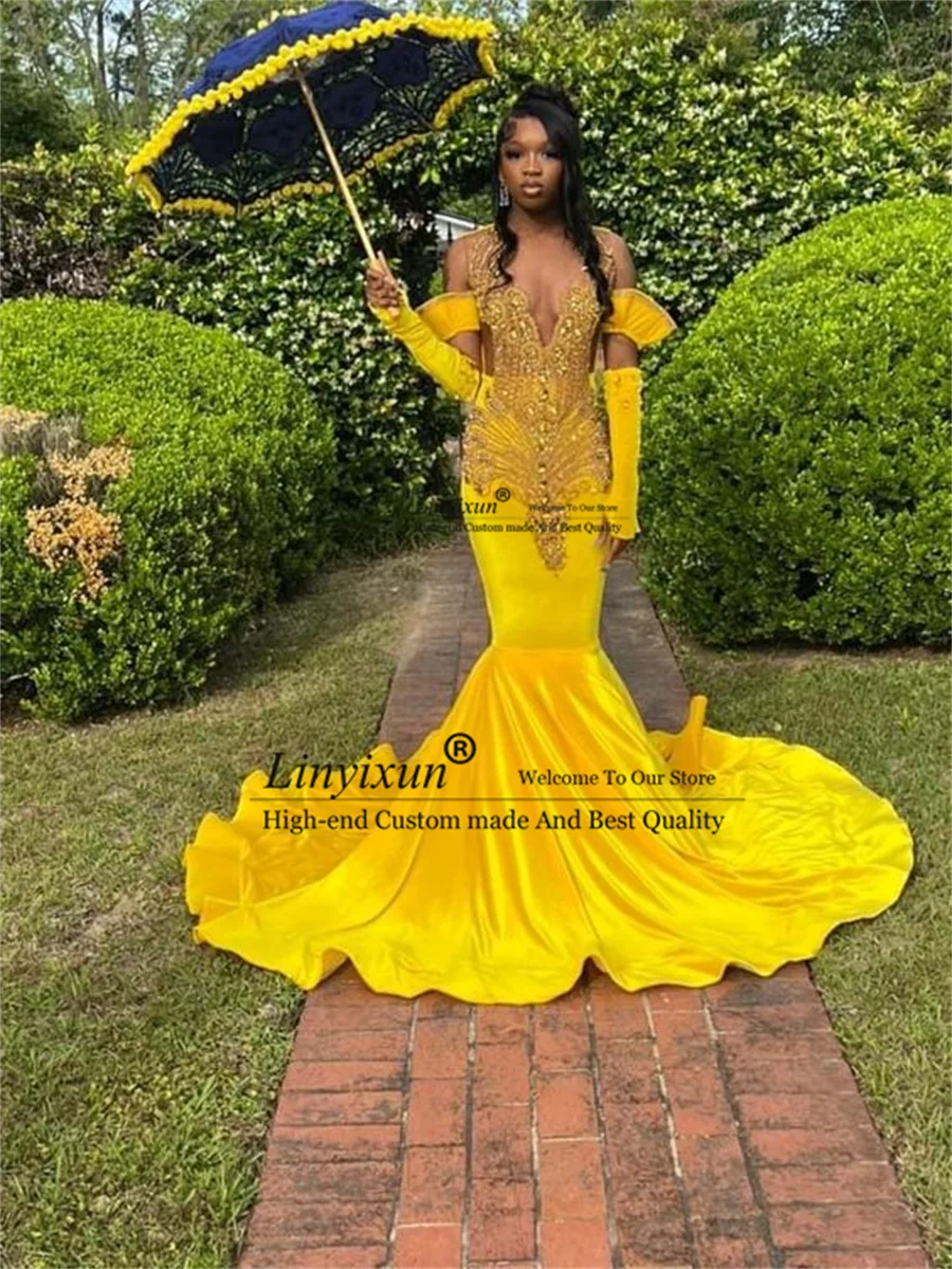 Shiny Diamonds Yellow Long Prom Dress For Black Girls Velvet Beaded Crystal Birthday Party Dresses Mermaid Evening Gown Robe De