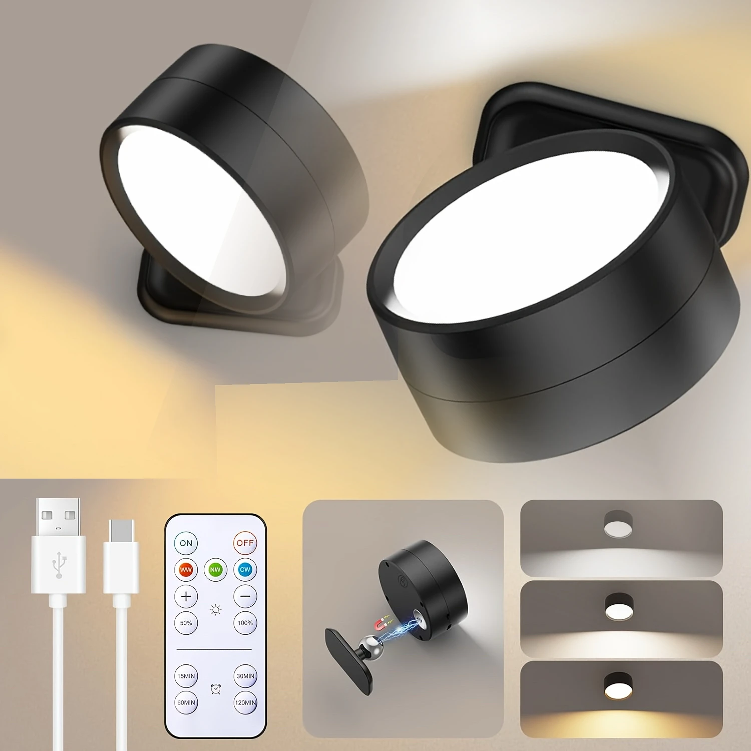 2PCS Magnetic LED Wall Sconce Light USB Rechargeable Dimmable 3 Color Temperatures Warm Cool Daylight Remote & Touch Dual Control 360° Rotation Wall Mount Lamp for Bedroom Study Reading Living Room Hallway Closet Stairway Indoor Soft Light
