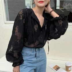 Fashion Vintage Lace Blouse Women New Lantern Sleeve V-neck Shirt Woman Loose Elegant Flower See Through Sexy Tops Blusas 10202