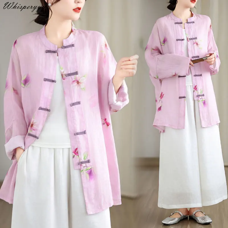 

New Chinese Style Blouse Women Cotton and Linen Printed Cardigan Coat Large Size Mid-length Sun-protective Clothing Vintage