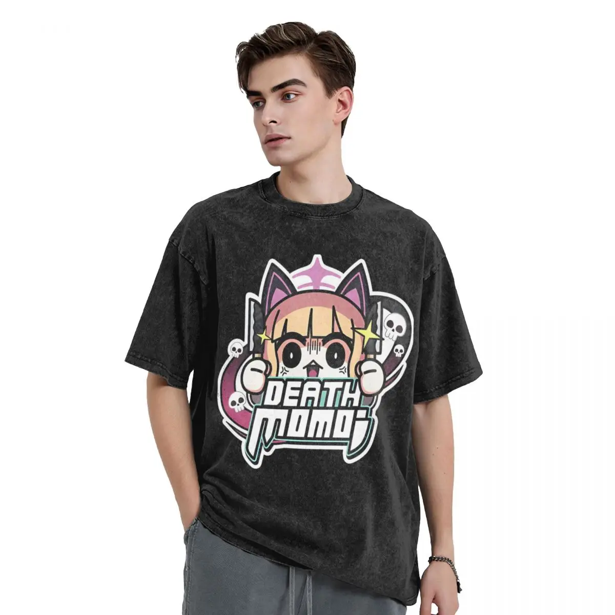 Washed T Shirts Death Momoi Sugar Rush Parody Archives Hip Hop Vintage T-Shirt Street Anime Streetwear Tops Tees for Men Women