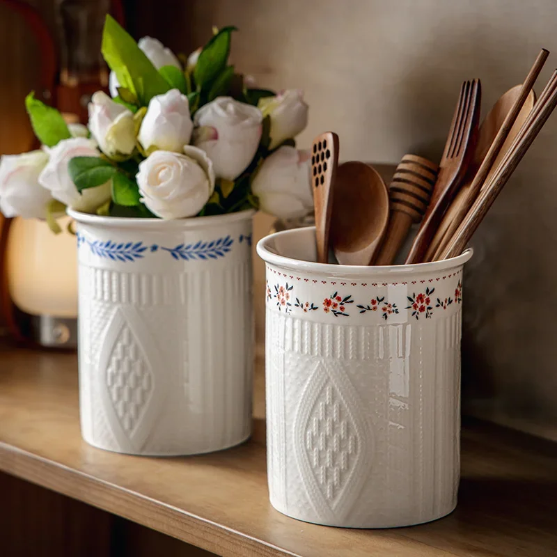 Porcelain Kitchen Utensil Holder for Countertop,Ceramic Storage Organizer for Knives Spoons and Forks,Cooking Tools Container