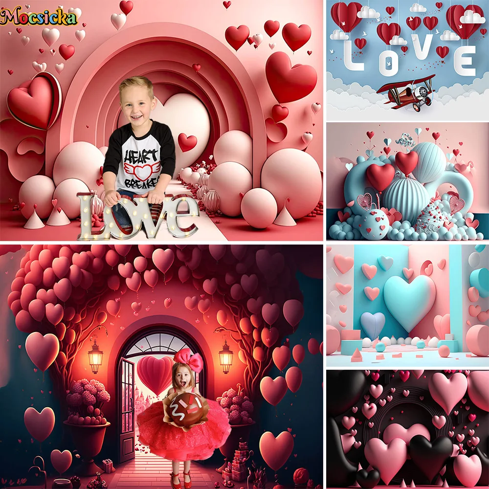 

Red Valentine's Day Background Studio 3D Love Balloon Decor Photography Prop Wallpaper Kids Birthday Portrait Cake Smash Photo