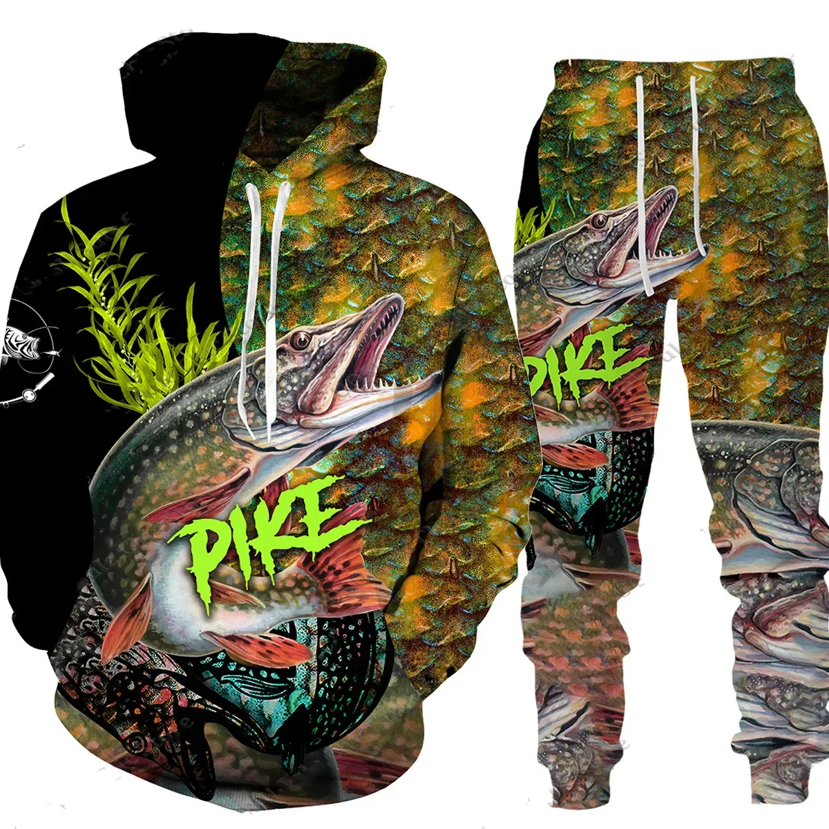 Sudadera con capucha y pantalones para hombre, conjunto de chándal de manga larga con estampado de camuflaje 3D para pesca de carpa y caza, ropa