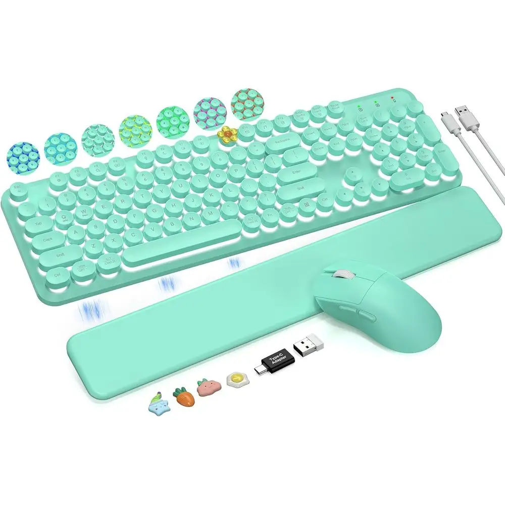 Backlit Typewriter-Style Keyboard with Magnetic Wrist Rest, Round Keys, Illuminated Letters, 2.4GHz Wireless Combo for Windows P