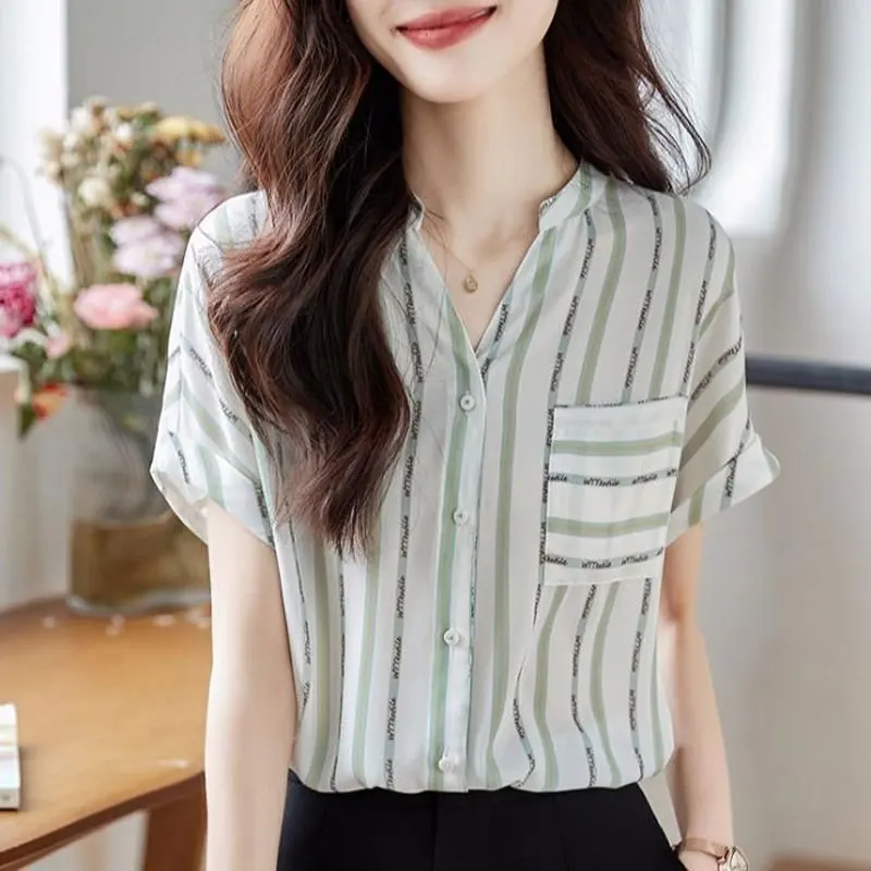 Office Lady Striped Pockets Patchwork Shirt Summer Short Sleeve Elegant V-Neck Single-breasted Female Clothing Chiffon Blouse