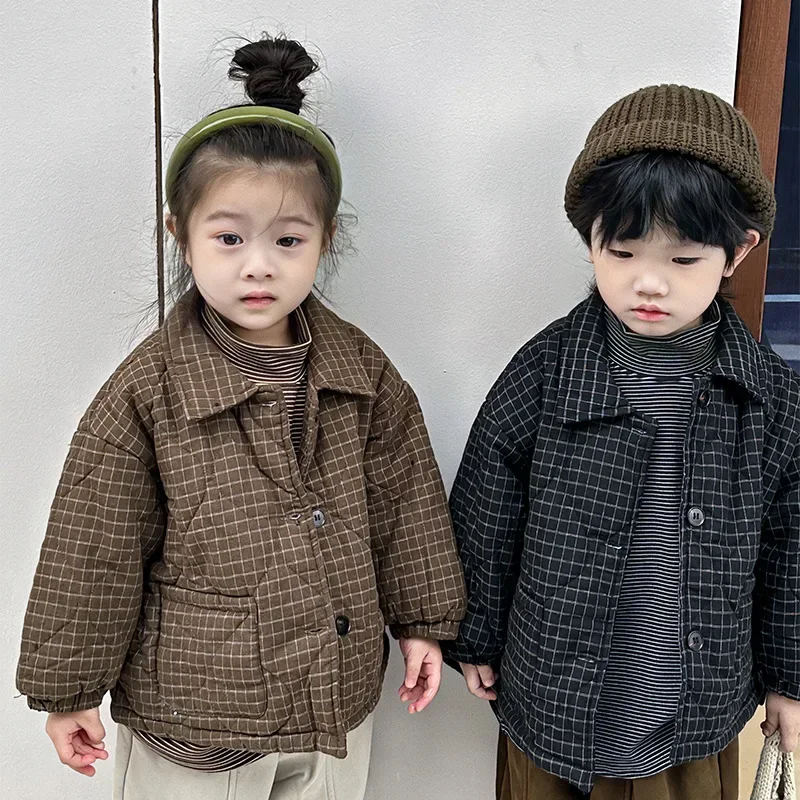 Children Clothing Boy 2023 New Fashionable Warm Cotton-padded Winter 2023 New Korean Style Plaid Jacket Thickened Kids Coat