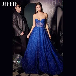 JEHETH Royal Blue Strapless Glitter Tulle Evening Party Dress Princess Sparkly Sweetheart A Line Backless Prom Gown Floor Length