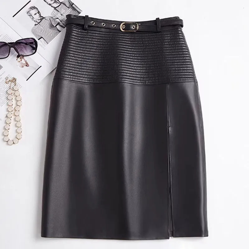 

Women Genuine Leather Skirt with Belt Female Winter Pure Sheepskin Knee Length Feminina Neat Stitches Wrap Jupe