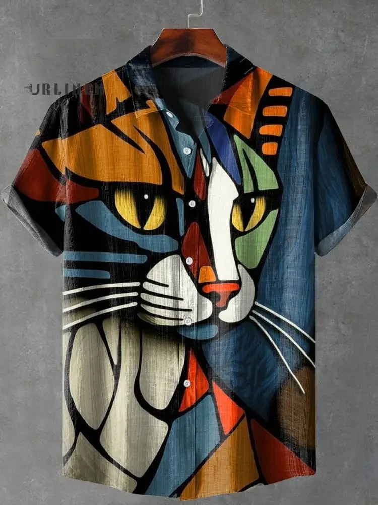 2025 fashionable 3D printed quirky cat animal pattern men's summer casual loose linen pocket short button up collar large shirt