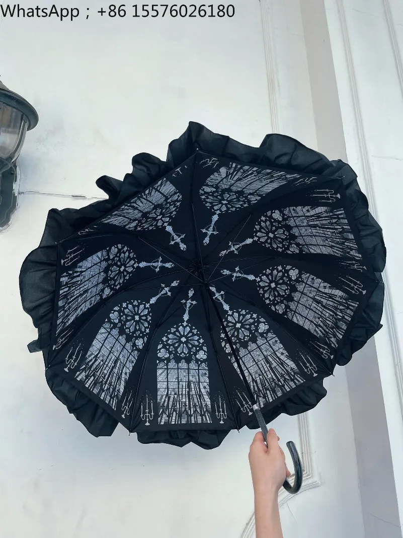 Schwarz-Weiß Farbige Fenster, Original Dunkler Gotischer Druck Manueller Doppelschichtiger Voll-Blackout Vinyl-Regenschirm