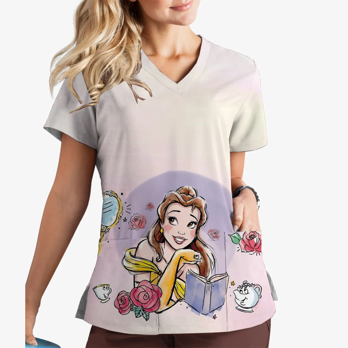 Women Summer Short Sleeves Disney Snow White Print V-Neck Print Scrub Top Surgeon Work Clothes Doctor Nurse Surgical Gown