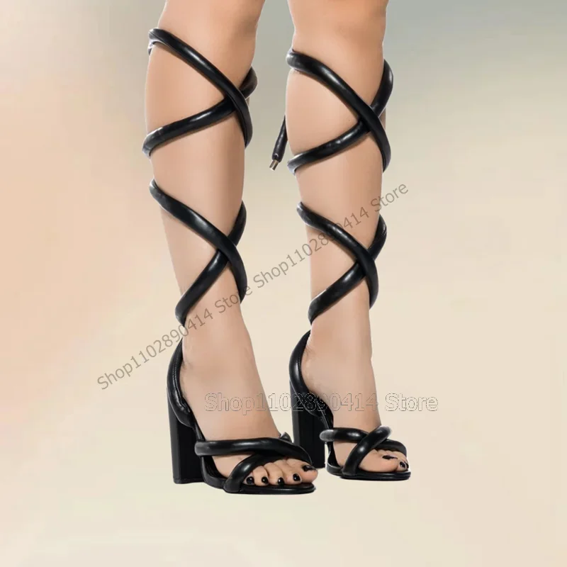 

Black Leather Belt Hollow Cut Heel Open Toe Twine Sandals Back Strap Women Shoes Chunky High Heels Sexy 2023 Zapatos Para Mujere