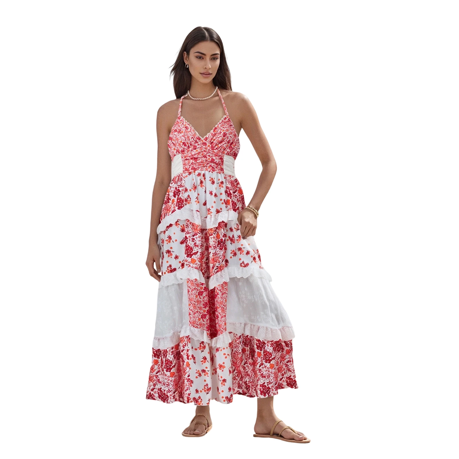 Vestido longo feminino com estampa floral, sem mangas, alça espaguete, vestido plissado em camadas, vestido de férias