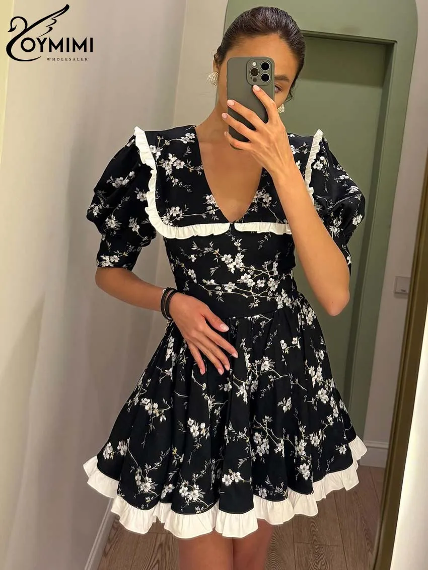 Oymimi Casualowa czarna sukienka damska z nadrukiem Eleganckie patchworkowe sukienki z kołnierzykiem Piotruś Pan Modne plisowane mini sukienki z krótkim rękawem