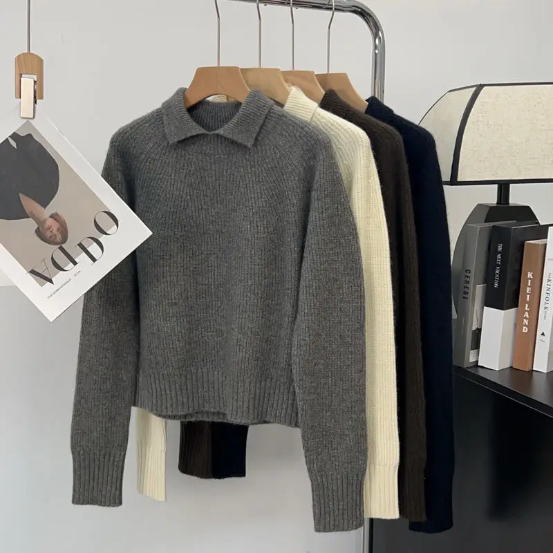 

Polo Lapel Sweater Women Korean Simple Casual Knitted Pullover 2025 Autumn and Winter New Loose Pit Strip Sweater Women