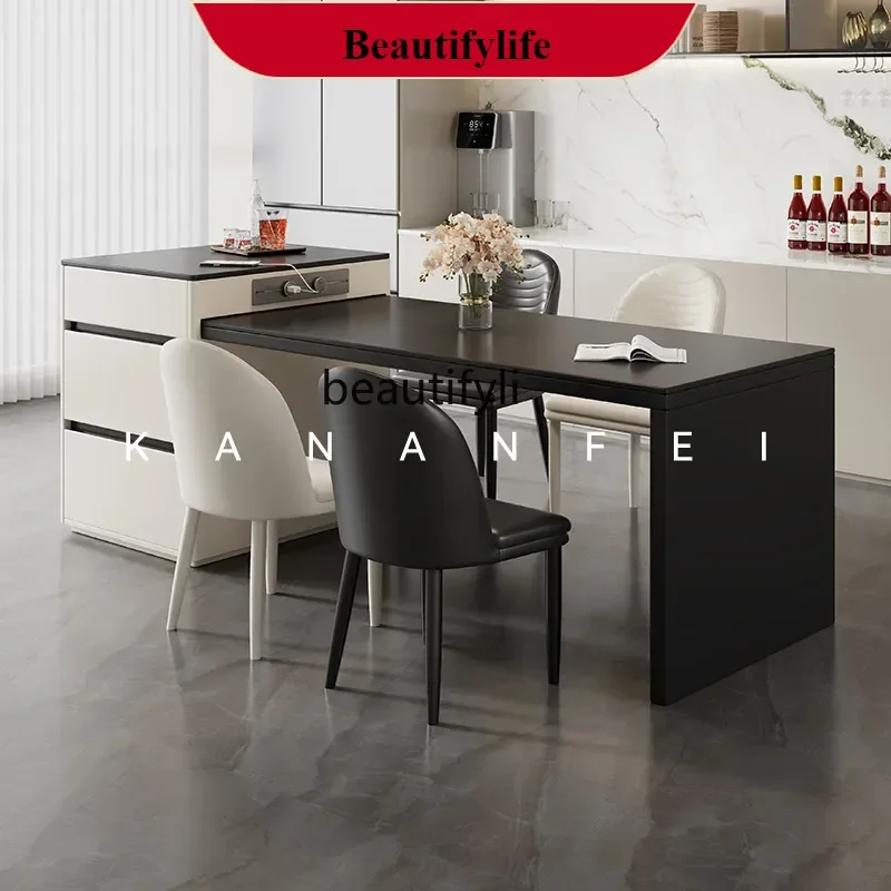 

French island dining table integrated combination Italian retractable dining room living room lacquered rock slab dining table