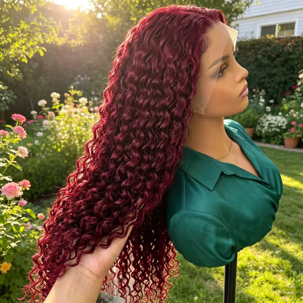 99J Burgundy Red Deep Wave Human Hair Wig 13x6 13x4 HD Transparent Lace Front Wig 200% Density 30 40 Inches Brazilian Cuticle Aligned Remy Hair Pre Plucked Baby Hair Wig Natural Hairline Soft Silky Long Wigs for Women Daily Party Wear