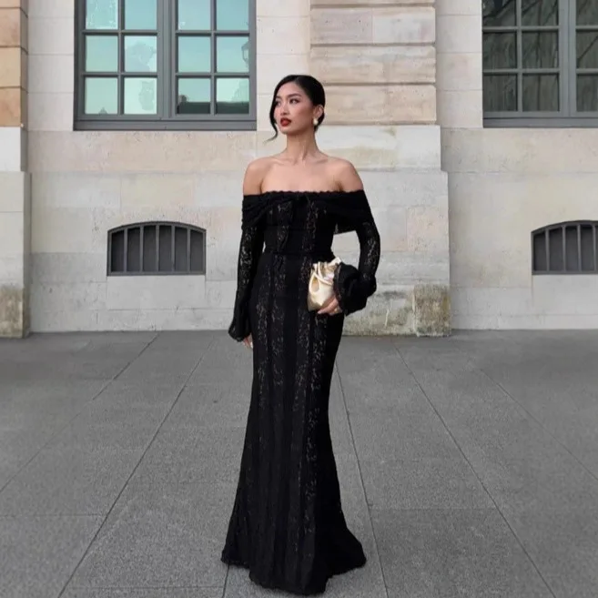 

Ele Sexy Lace Hollow out One oulder Flared Sve Bodycon Dr mid Waist Knitted Polyurethane Evening Dr for Women