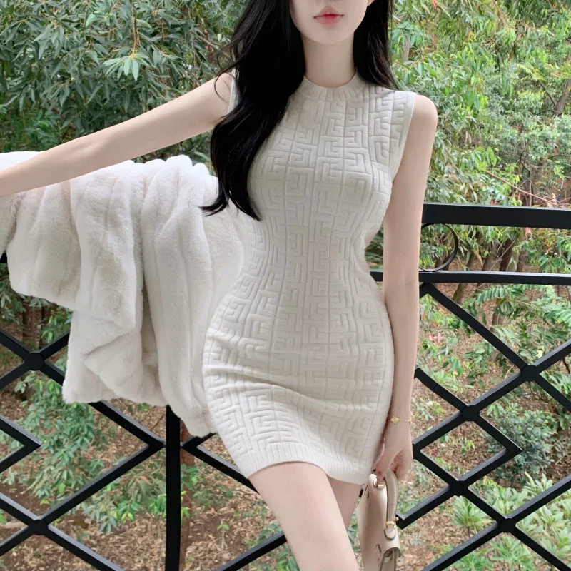 Sexy Pure Desire Sleeveless Knitted Dress Women's Spring Summer Small Size Sexy Personality Elegant Inner Wear Bodycon Skirt