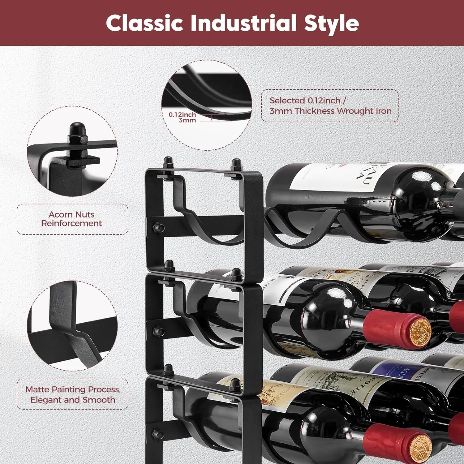 Stackable Wine Rack Countertop, Sturdy Bottle Holder Freestanding for Cabinet, 3 Tier Small Tabletop Stand