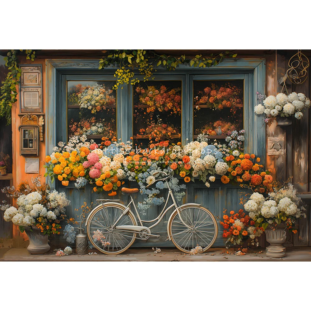 Floral Market Backdrops Kids Girl Photography Child Baby Photocall Decors Bicycle Spring Fresh Flower Store Backgrounds