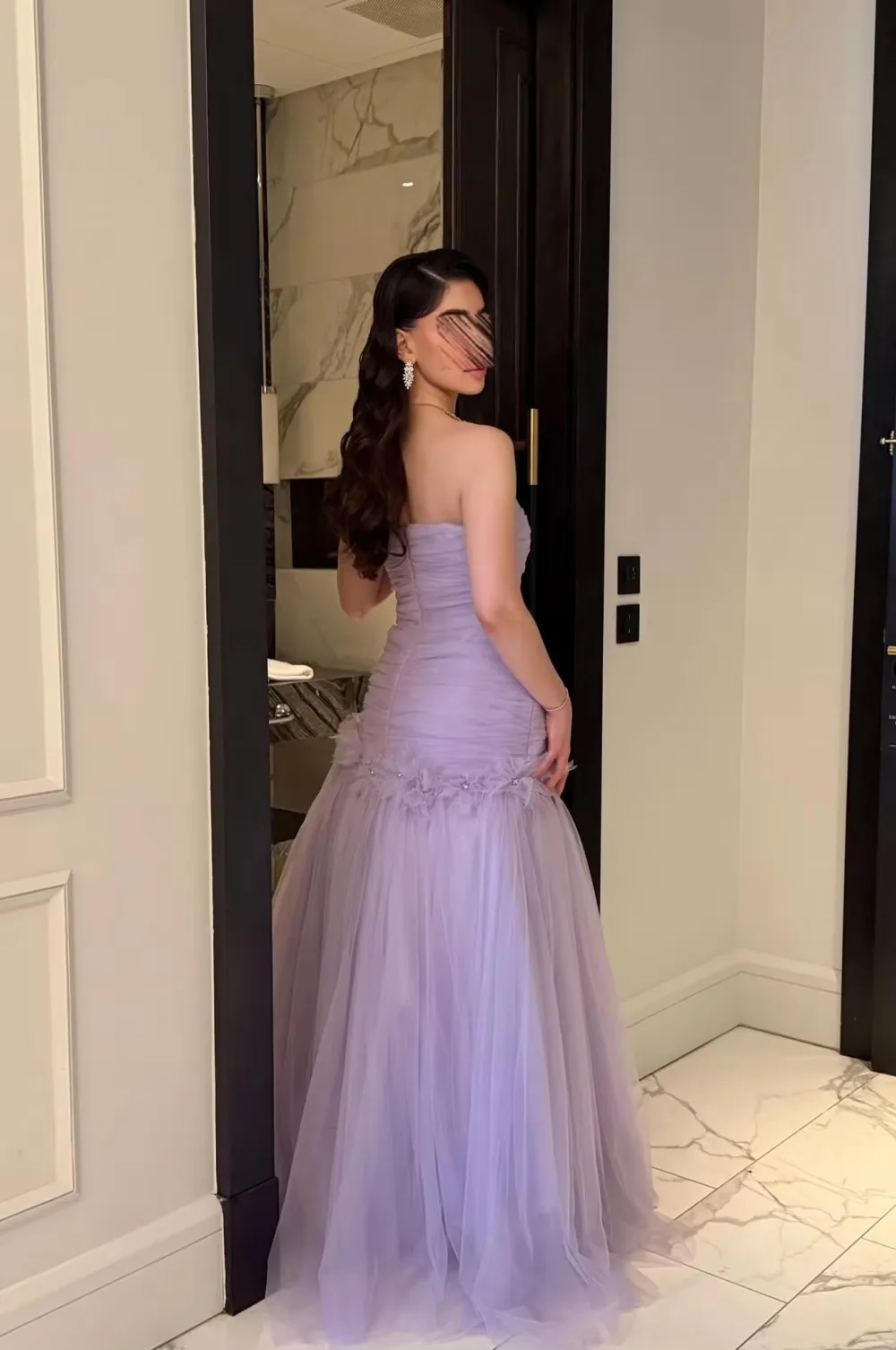 Women Strapless Tulle Evening Dresses Ruched Bodice 3D Floral Appliques Floor Length A Line Formal Prom Party Dresses