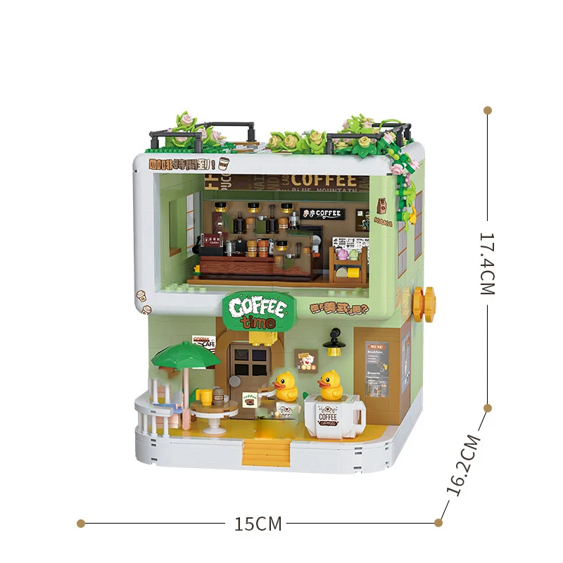 거리 건축 크리에이티브 커피숍 미니 블록 시티 스트리트 뷰 카페 하우스 피규어, 조명 빌딩 브릭 장난감