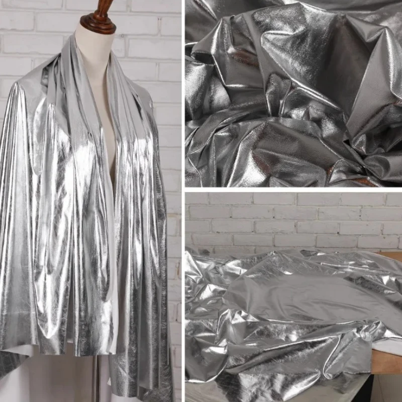 

Bright Silver Mirror Coated Fabric Artificial Soft Leather Bulletless Shirt Thin Base Clothing Designer Sewing Material Cloth