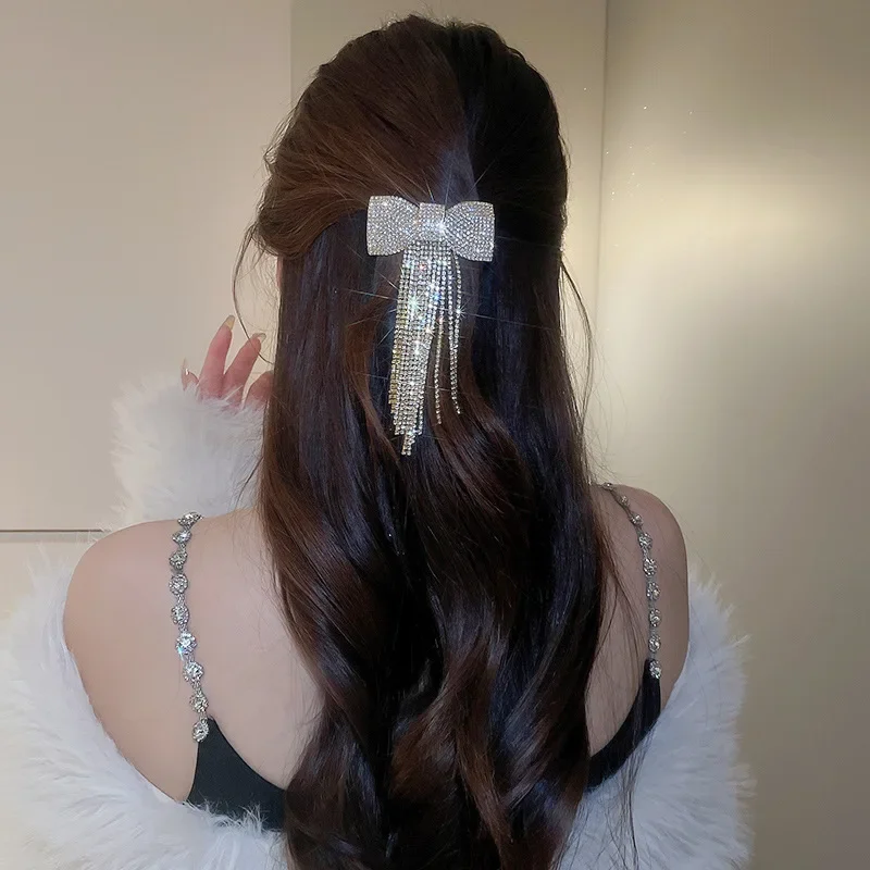 Rhinestone Bow Fringe Hairpin for Women Fashion Temperament Hair Clip Korean Light Luxury Hair Accessories Gold Silver Color