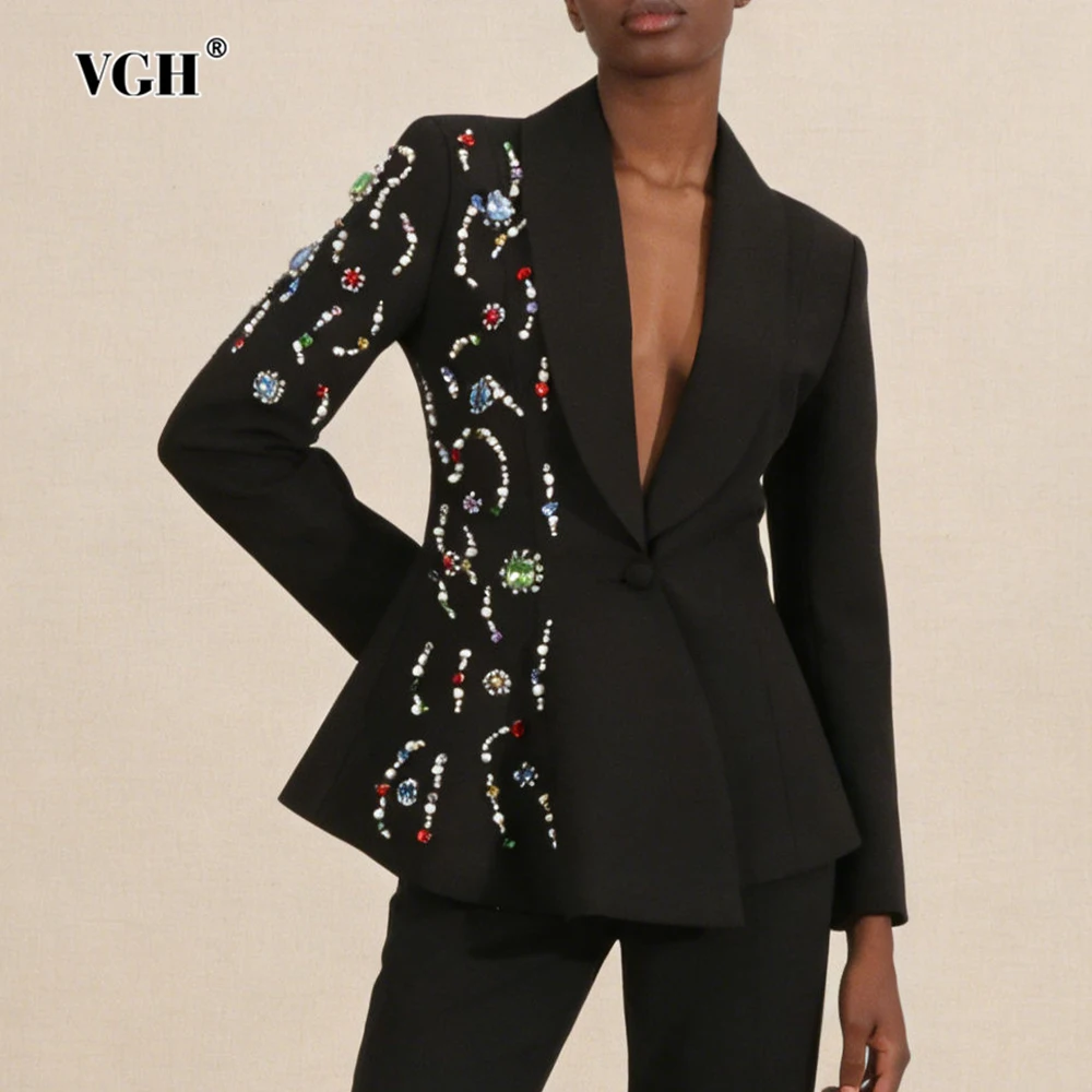 

VGH Slimming Luxury Elegant Blazers For Women V Neck Long Sleeve Spliced Diamonds Spring Temperament Party Jacket Female Style