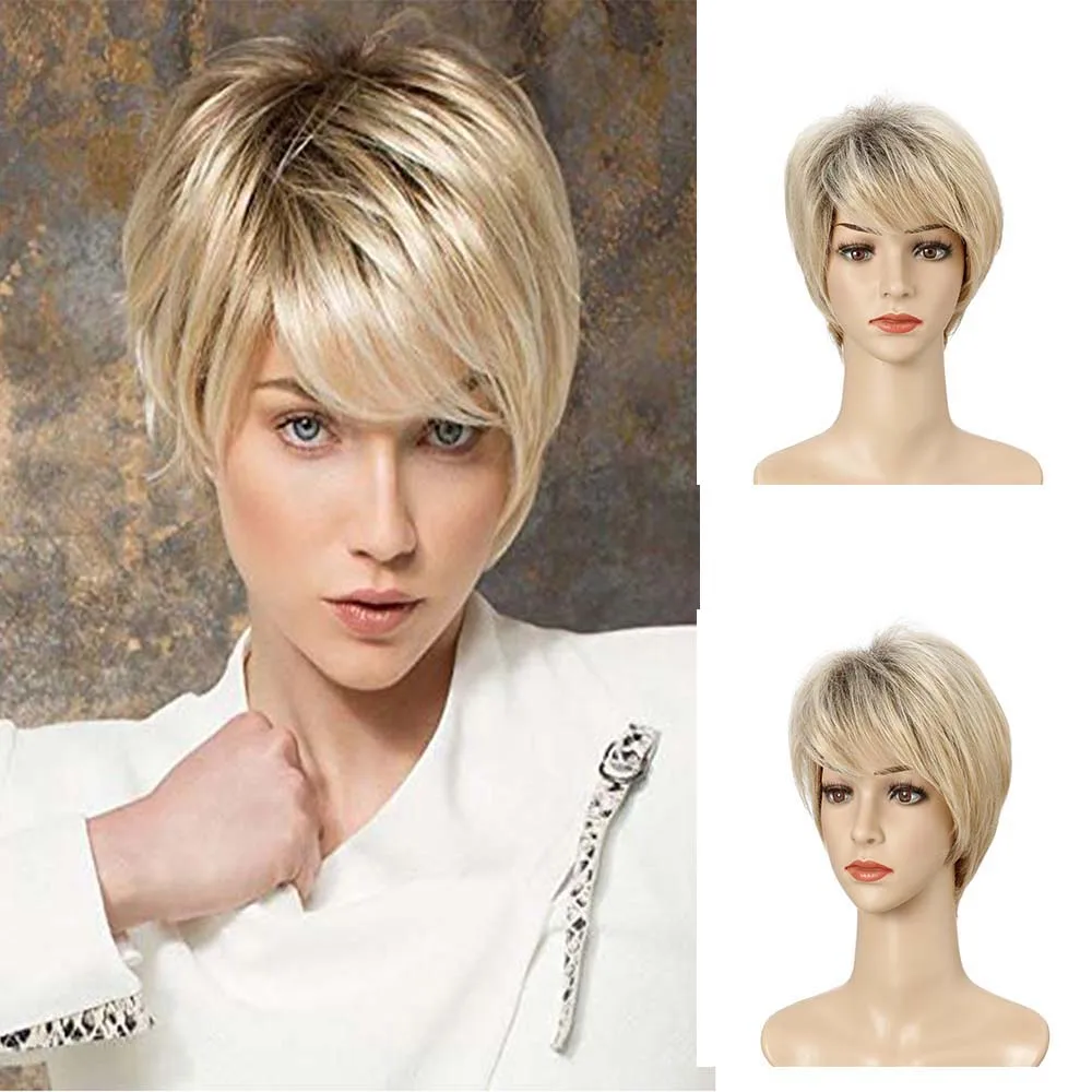 Ladies Short Nature Blonde Synthetic Wig Pixie Cut Wig With Bang For Women Daily Party Use Heat Resistant Fiber