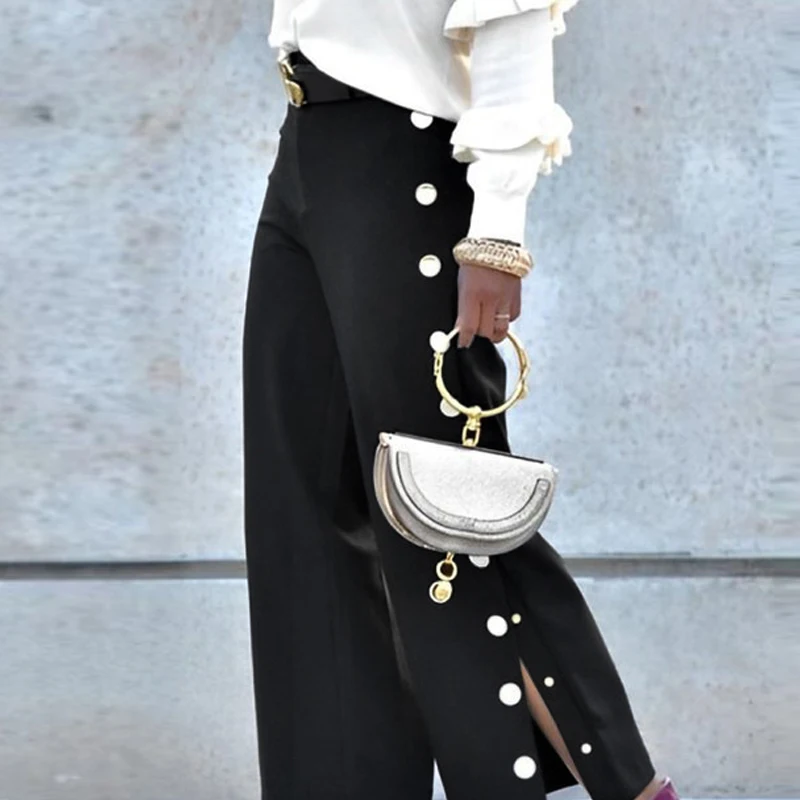 Pantalones tobilleros negros de pierna ancha para mujer, detalle de botón lateral, dobladillo dividido, cintura alta, pantalones sueltos informales para oficina urbana