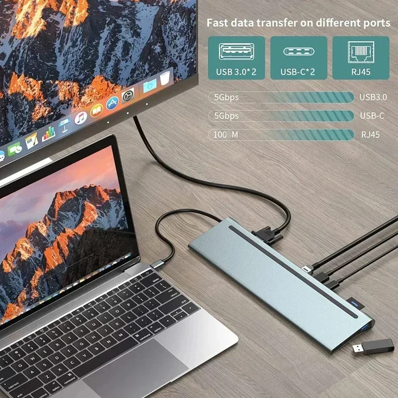 Док-станция-концентратор USB C 11 в 1, двойной HDMI-совместимый адаптер VGA USB-концентратора типа C для ноутбука, универсальная док-станция, аксессуары для ноутбуков